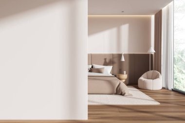 Modern yatak odasının içinde beyaz ve bej duvarlar, ahşap zemin, rahat kral yatağı iki komodinli ve rahat koltuklu. Soldaki uzay duvarını kopyala. 3d oluşturma