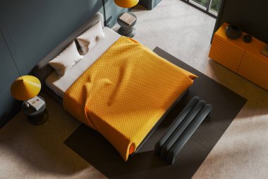 Üst kattaki karanlık yatak odası manzarası yatak odası, halı ve tezgah dekorasyonlu büfe. Tropiklerde panoramik pencere olan rahat bir köşe. 3B görüntüleme