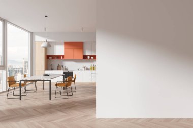 Yemek masası, sandalyeler, ahşap döşeme. Kuala Lumpur 'da dolap, panoramik pencere ile yemek ve pişirme alanı. Boş bölmeyi düzenle. 3B görüntüleme