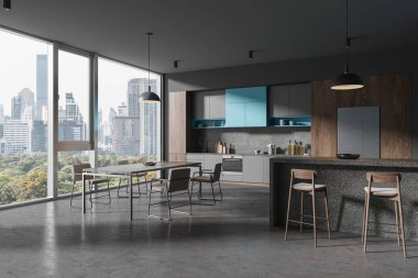 Bar tezgahı ve taburesi olan karanlık bir ev mutfağı, gri beton zemin. Bangkok gökdelenlerinde dolap, buzdolabı ve panoramik pencereli yemek ve yemek köşeleri. 3B görüntüleme