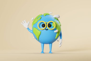 Gülen karikatür dünyası el sallıyor, bulutlu renkli bir karakter bej arka planda merhaba diyor. Doğayı, çevre dostu ve ekolojiyi kurtarma kavramı. 3B resimleme