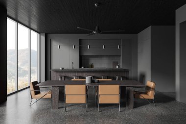 Karanlık ev mutfağı, bar adası, sandalyeli yemek masası, mutfak gereçleri. Yeme ve pişirme alanı, kırsal alanda panoramik pencere. 3B görüntüleme