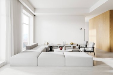 Beyaz duvarları, beton zemini, rahat beyaz koltuğu ve yuvarlak sehpanın yanında duran iki koltuğu olan modern oturma odasının içi. 3d oluşturma