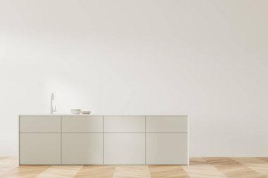 Minimalist stil ev mutfağı, bar adası, ahşap zemin. Minimalist mutfak gereçleri ve lavabo, yemek pişirme alanı. Boşluk duvarını kopyala. 3B görüntüleme