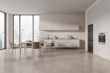 Konforlu, modern ev mutfağı yemek masası ve sandalyeler, dolap, buzdolabı ve lavabo ve fırınlı minimalist mutfak gereçleri. Singapur gökdelenlerinin panoramik penceresi. 3B görüntüleme