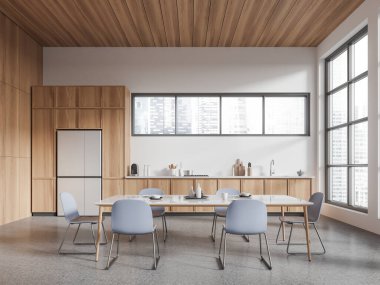 Lüks mutfak, yemek masası, sandalyeler, beton zemin. Mutfak gereçleri ve buzdolabıyla mutfak dolabı. Singapur gökdelenlerinin panoramik penceresi. 3B görüntüleme