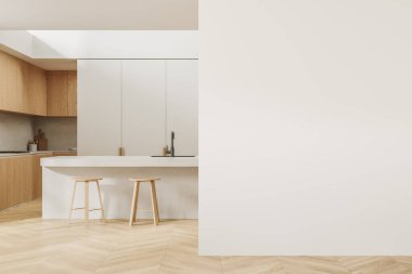 Bar adası ve taburesi olan modern ev mutfağı, mutfak gereçleri olan dolap. Yemek ve pişirme alanı, ahşap zemin. Uzay duvarını kopyala. 3B görüntüleme