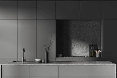 Karanlık bir mutfak tezgahı, lavabosu, ocağı ve mutfak gereçleri var. Raflı yemek pişirme alanı ve minimalist dekorasyon. 3B görüntüleme