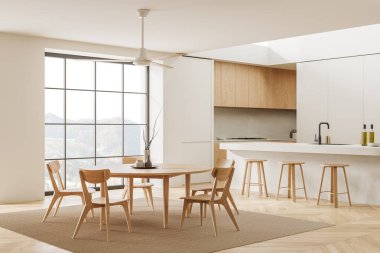 Mutfak manzarası, yemek masası, sandalyeler, ahşap zeminde yan manzara. Ahşap dolaplı yemek ve yemek köşesi. Kırsal kesimde panoramik pencere. 3B görüntüleme