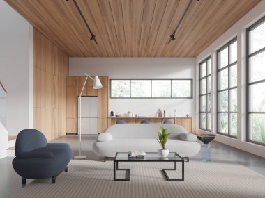 Tahta ve beyaz stüdyo daire, dinlendirici ve yemek dolabı, kanepe ve kahve masası. Yumuşak bir yeri olan modern bir mutfak. Tropik bölgelerde panoramik pencere. 3B görüntüleme