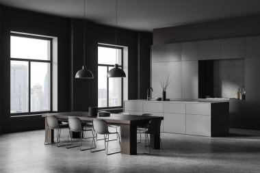 Karanlık ev mutfağı, yemek masası, yan manzara bar adası ve gri beton zeminde raflar. Modern apartmanda yemek köşesi. Gökdelenlerin panoramik penceresi. 3B görüntüleme