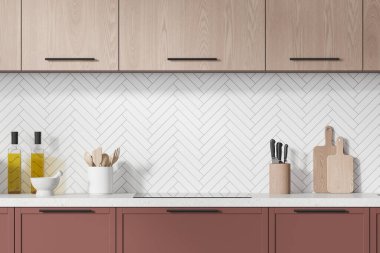 Ev mutfağının içini fırın, mutfak gereçleri, kesme tahtası ve bıçakla süsleyin. Modern apartmandaki kırmızı ve ahşap yemek alanına yakın çekim. 3B görüntüleme