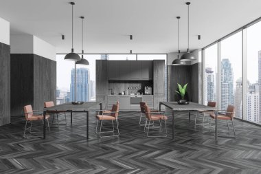 Karanlık ofis mutfağı içinde masa ve sandalyeler, siyah ahşap zemin. Mutfak gereçleri ve raflarla dolu yemek dolabı. Bangkok gökdelenlerinin panoramik penceresi. 3B görüntüleme