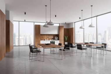Beyaz ve ahşap ofis mutfağının köşesi. Masalar, sandalyeler, beton zemin. Raflı yemek dolabı. Singapur gökdelenlerinin panoramik penceresi. 3B görüntüleme