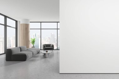 Beyaz ve ahşap duvarları, beton zemini, rahat gri kanepesi ve sehpanın yanında duran koltuğu olan şık ofis bekleme odasının içinde. Sağ taraftaki uzay duvarını kopyala. 3d oluşturma