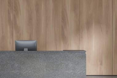 Minimalist ofis lobisi içinde taş resepsiyon masası ve bilgisayar var. Kayıt ve kayıt bölgesi boş tahta duvarla dolu. 3B görüntüleme