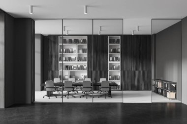 Camdan siyah ahşap ofis içi toplantı masası, beton zeminde koltuklar. Büfeli Ceo müzakere odası, iş dosyalarıyla dolu raf. 3B görüntüleme