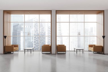 Minimalist beyaz iş dünyası koltuğu, açık beton zeminde kahve masası ile içini rahatlatır. Toplantı ya da bekleme odası, Singapur 'daki gökdelenlerin panoramik penceresi. 3B görüntüleme