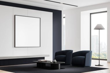 İki mavi koltuklu, yan manzaralı sehpası olan modern bir ev oturma odası. Bangkok 'ta panoramik pencereli İskandinav gevşeme köşesi. Kare bir tuval posteri yap. 3B görüntüleme