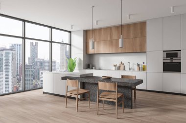 Ev mutfağı manzarası, bar adası, sandalyeli masa, ahşap zemin. Dolabı olan minimalist yemek alanı, Bangkok gökdelenlerinde panoramik pencere. 3B görüntüleme