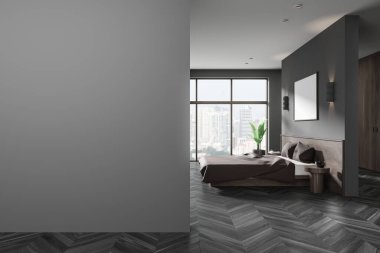 Karanlık ev yatak odası iç yatak odası ve içi boş ahşap döşemeli komodin. Çadır bezi posterli modern uyku odası. Boş bölme. Singapur 'da panoramik pencere. 3B görüntüleme