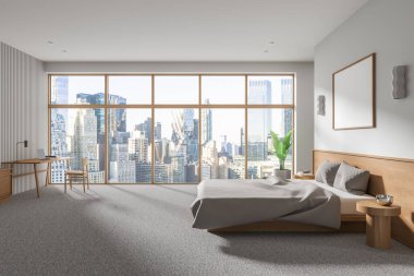 Beyaz otel odasının içinde uyku ve çalışma alanı, masa ve dizüstü bilgisayarı, halı üzerinde sandalye. New York 'ta panoramik pencere. Duvara çadır bezi posteri asın. 3B görüntüleme