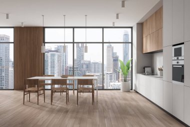 Yemek masası, sandalyeler, ahşap döşeme. Dolabı olan minimalist yemek alanı, Bangkok gökdelenlerinde panoramik pencere. 3B görüntüleme