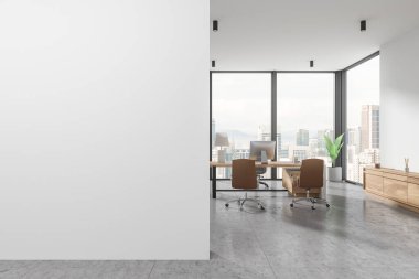 Masasında bilgisayar olan beyaz iş dünyası, büfe ve Kuala Lumpur gökdelenlerinde panoramik pencereli çalışma alanına danışmak. Boş bölmeyi düzenle. 3B görüntüleme