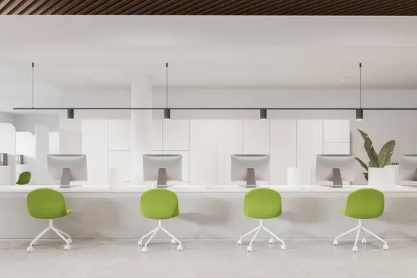 White office interior with green chairs and pc computers on desk in row. Consulting space in bank with shelf and decoration. Work zone, customer service. 3D rendering