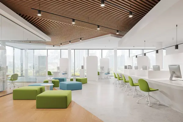 Modern white office bank interior with glass room and waiting space, workplace with pc computers and chairs in row, panoramic window on Bangkok skyscrapers. 3D rendering