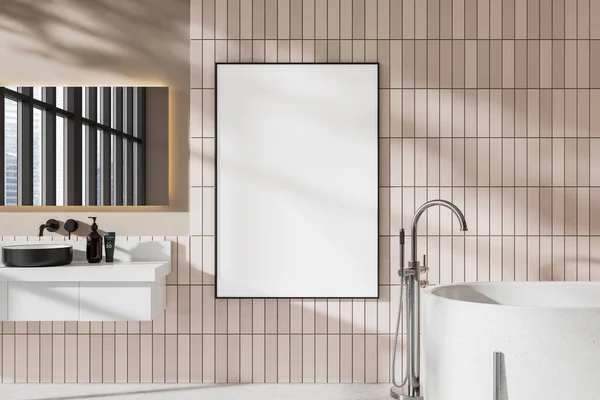 Cozy Home Bathroom Interior Washbasin Mirror Bathtub Vanity Minimalist Accessories — Stock Photo, Image