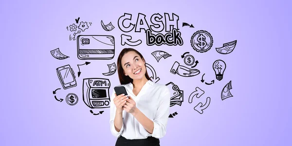 Dreaming businesswoman with smartphone in hands, look up at cashback doodle sketch with money and atm, purple background. Concept of refund, online payment and service