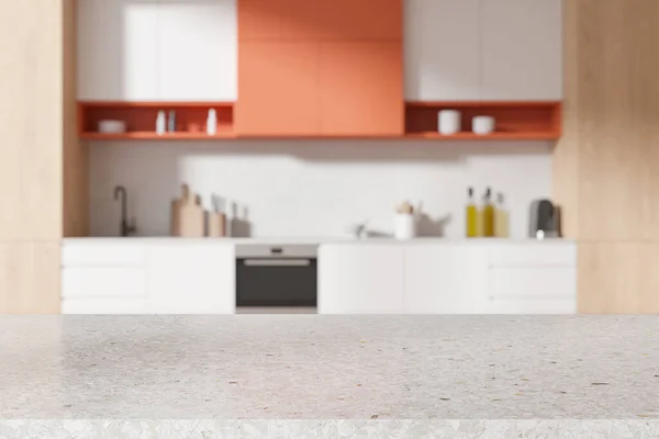 Stylish Stone Countertop Blurred Background Home Kitchen Interior Sink Kitchenware — Stock Photo, Image