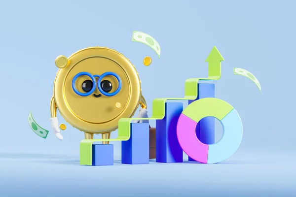 Cartoon character coin with rising green arrow and graph chart, money flying on blue background. Concept of financial analysis, profit and growth. 3D rendering illustration