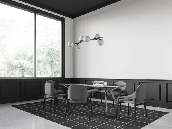 テーブルと椅子 軽いコンクリートフロアのカーペット付きのミニマリストホームリビングルームのインテリアのコーナービュー トロピックのパノラマウィンドウでスタイリッシュなミーティングやダイニングスペース 3Dレンダリング — ストック写真