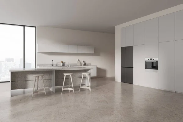 Eckansicht Der Stilvollen Wohnküche Mit Theke Schrank Kühlschrank Und Minimalistischem — Stockfoto