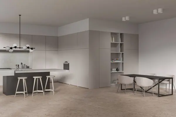 Corner Stylish Kitchen Beige Walls Concrete Floor Beige Cupboards Cabinets — Stock Photo, Image