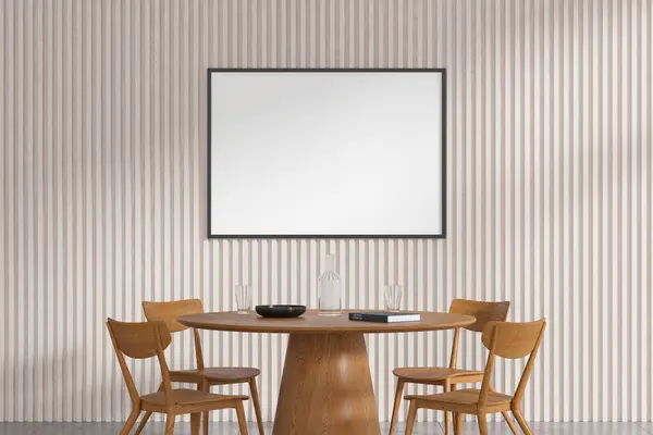 ラウンドウッドディナーテーブルと椅子付きのスタイリッシュなホームリビングルームのインテリアは スカンジナビアの家具付きのスペースを食べます 壁に白いポスターをモックアップします 3Dレンダリング — ストック写真