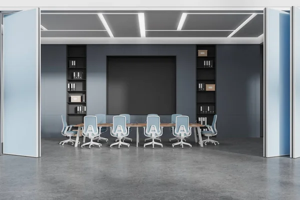 Colored office interior with conference board and armchairs, shelf with documents on grey concrete floor. Meeting room with minimalist furniture and sliding doors. 3D rendering