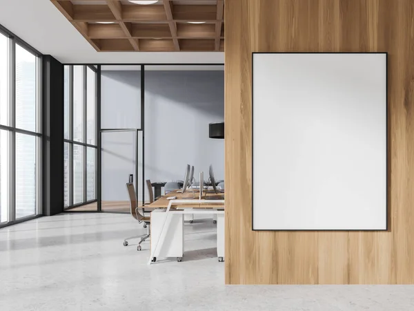 White and wooden office interior with coworking and conference space, furniture and technology. Cozy business workplace with panoramic window on skyscrapers. Mock up canvas poster. 3D rendering