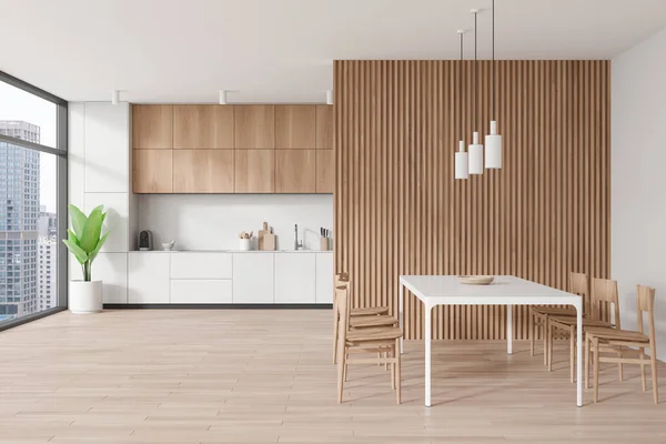 Stilfuldt Hjem Køkken Interiør Med Spisebord Stole Træ Partition Trægulv - Stock-foto