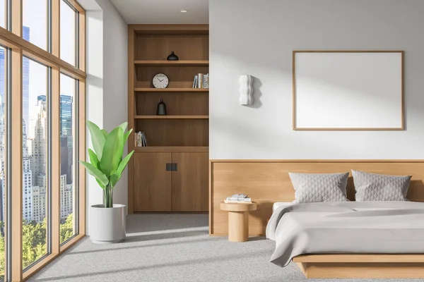 Modern Yatak Odası Yatak Bitki Komodin Raf Yerde Halı Havalı — Stok fotoğraf