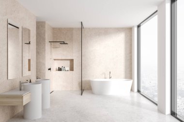 Lüks otel banyosu, banyo küveti cam bölmeli duş, çift lavabo, aynalar ve aksesuarlar. Paris manzaralı panoramik pencereli banyo alanı. 3B görüntüleme