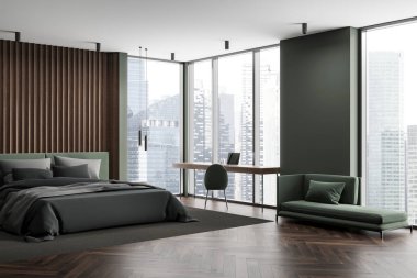 Yeşil ve ahşap otel odasının içi yataklı, işyeri masa ve dizüstü bilgisayarlı. Klasik şezlong, Singapur 'da panoramik pencere. 3B görüntüleme