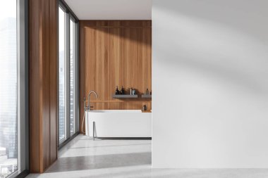 Lüks otel banyosu, banyo küveti, aksesuarlar, gökdelenlerin panoramik penceresi. Modern banyo alanı ve fotokopi alanı boş duvar bölümü. 3B görüntüleme