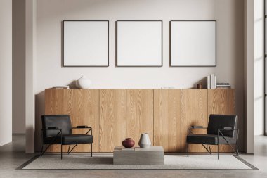 Beyaz duvarları, beton zemini, ahşap şifoniyerin yanında duran iki rahat koltuğu, kahve masası ve üç satırlık üç kare posterli şık bir oturma odası. 3d oluşturma