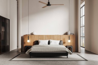 Havalı bej bir otel odası. Yatağı, süslemesi ve cam dolabı olan bir büfe. Modern rahatlama ya da panoramik pencereli bir uyku odası. 3B görüntüleme