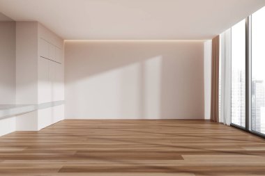 Modern bej rengi boş bir otel odası ya da içinde gardırop ve ahşap döşeme olan bir yatak odası. Singapur gökdelenlerinde panoramik pencereli bir odada uyumak ya da dinlenmek. Mobilya yok, insan yok. 3B görüntüleme