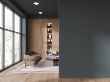 Modern ofis bekleme odasının içinde gri duvarlar, ahşap zemin, rahat kanepe ve sehpanın yanında duran rahat gri koltuklar. Sağ taraftaki uzay duvarını kopyala. 3d oluşturma