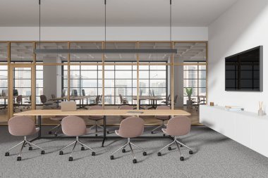 Modern ofis içi cam çalışma alanı, TV ekranı ve büfesi dekore edilmiş. Masa ve bilgisayar ile ortak çalışma alanı. Kuala Lumpur gökdelenlerinin panoramik penceresi. 3B görüntüleme